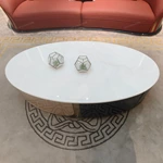 Two-Tone Oval Coffee Table with White Marble Top, High-Gloss Panels and Metal Base